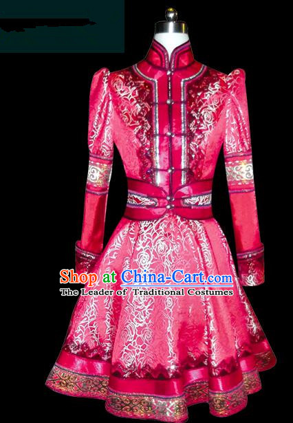 Traditional Chinese Mongol Nationality Costume Princess Dress Mongolian Robe, Chinese Mongolian Minority Nationality Embroidery Costume for Women