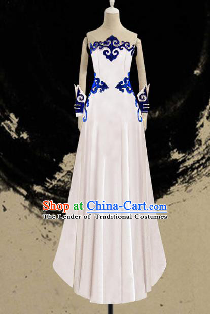 Traditional Chinese Mongol Nationality Dance Costume Female White Full Dress, Chinese Mongolian Minority Nationality Embroidery Clothing for Women