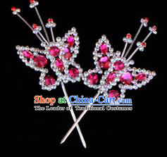 Traditional Beijing Opera Diva Hair Accessories Rosy Crystal Head Ornaments Butterfly Hairpin, Ancient Chinese Peking Opera Hua Tan Hairpins Headwear