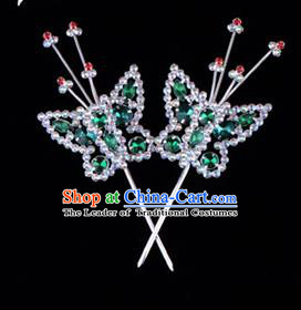 Traditional Beijing Opera Diva Hair Accessories Green Crystal Head Ornaments Butterfly Hairpin, Ancient Chinese Peking Opera Hua Tan Hairpins Headwear