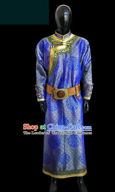 Traditional Chinese Mongol Nationality Dance Costume Royalblue Mongolian Robe, Chinese Mongolian Minority Nationality Royal Highness Embroidery Costume for Men