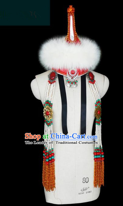 Traditional Chinese Mongol Nationality Hair Accessories Mongols Princess Tassel Hat, Chinese Mongolian Minority Nationality Wool Headwear for Women