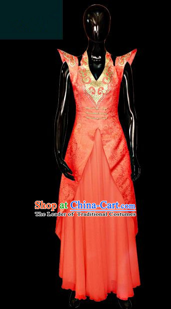 Traditional Chinese Mongol Nationality Dance Costume Red Full Dress, Chinese Mongolian Minority Nationality Princess Embroidery Clothing for Women