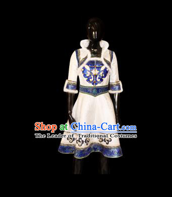 Traditional Chinese Mongol Nationality Dance Costume, Female Folk Dance Satin Mongolian Robe, Chinese Mongolian Minority Nationality Embroidery Costume for Women
