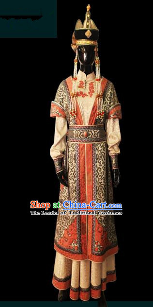 Traditional Chinese Mongol Nationality Dance Costume, Female Folk Dance Khaki Satin Mongolian Robe, Chinese Mongolian Minority Nationality Embroidery Costume for Women