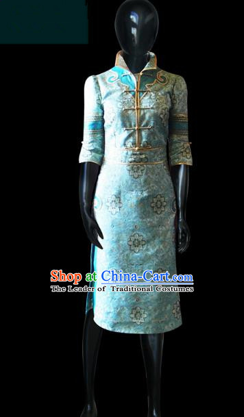 Traditional Chinese Mongol Nationality Dance Costume Female Mongolian Robe, Chinese Mongolian Minority Nationality Embroidery Clothing for Women