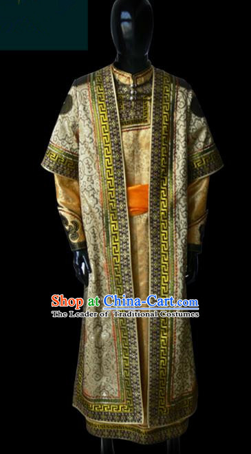 Traditional Chinese Mongol Nationality Dance Costume Golden Mongolian Robe, Chinese Mongolian Minority Nationality Khan King Embroidery Costume for Men