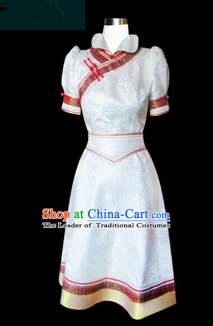 Traditional Chinese Mongol Nationality Dance Costume White Mongolian Robe, Chinese Mongolian Minority Nationality Princess Embroidery Clothing for Women