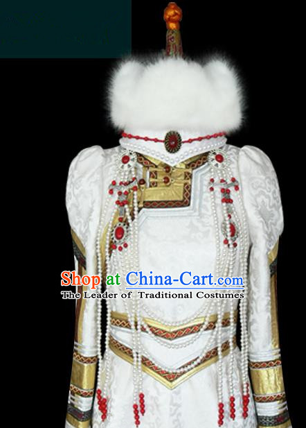 Traditional Chinese Mongol Nationality Hair Accessories Mongols Princess White Wool Hat, Chinese Mongolian Minority Nationality Headwear for Women