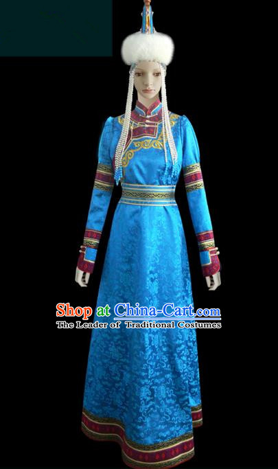 Traditional Chinese Mongol Nationality Dance Costume Female Blue Mongolian Robe, Chinese Mongolian Minority Nationality Princess Embroidery Costume for Women