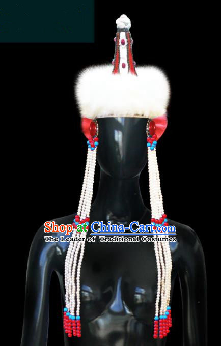 Traditional Chinese Mongol Nationality Hair Accessories Princess Beads Tassel Wool Red Hat, Chinese Mongolian Minority Nationality Headwear for Women