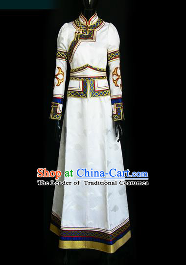 Traditional Chinese Mongol Nationality Costume Female White Mongolian Robe, Chinese Mongolian Minority Nationality Princess Embroidery Dress Clothing for Women