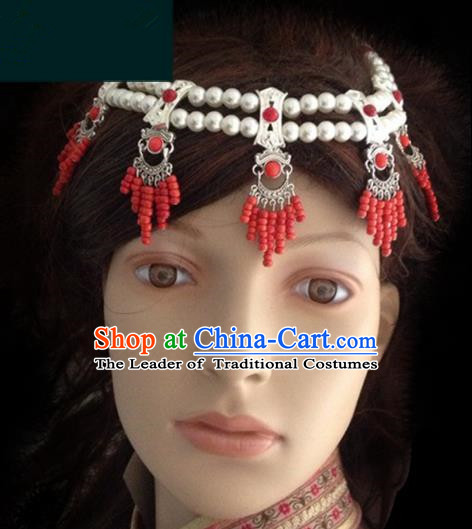 Traditional Chinese Mongol Nationality Bride Hair Accessories Beads Headband, Chinese Mongolian Minority Nationality Headwear for Women