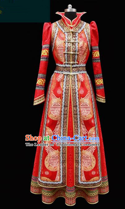 Traditional Chinese Mongol Nationality Costume Empress Wedding Clothing, Chinese Mongolian Minority Nationality Bride Red Mongolian Robe for Women