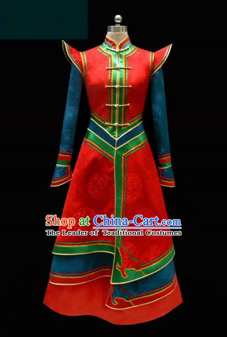 Traditional Chinese Mongol Nationality Costume Princess Red Mongolian Robe, Chinese Mongolian Minority Nationality Wedding Dress Clothing for Women