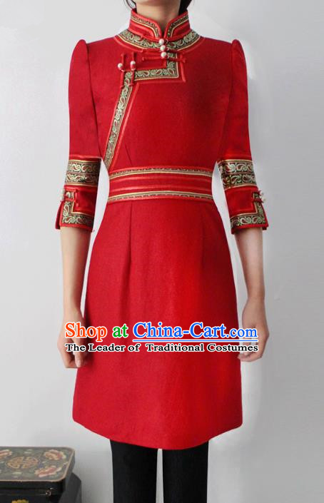 Traditional Chinese Mongol Nationality Costume Red Short Dress Mongolian Robe, Chinese Mongolian Minority Nationality Dance Clothing for Women