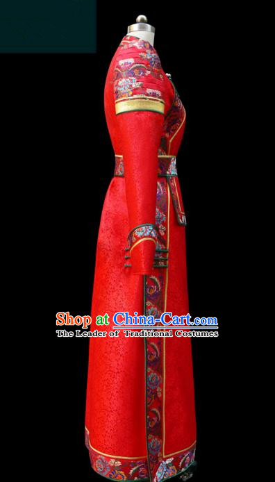 Traditional Chinese Mongol Nationality Costume Red Dress Wedding Mongolian Robe, Chinese Mongolian Minority Nationality Dance Clothing for Women