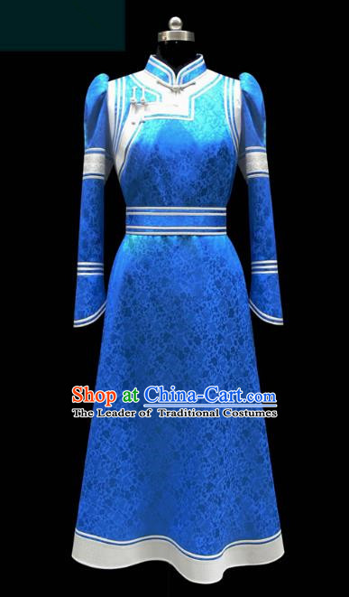 Traditional Chinese Mongol Nationality Costume Blue Dress Wedding Bride Mongolian Robe, Chinese Mongolian Minority Dance Clothing for Women