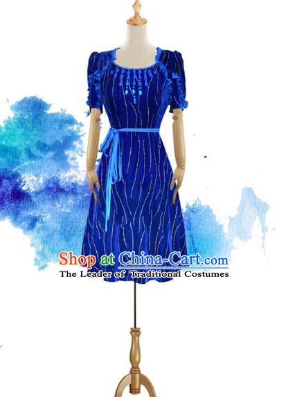 Traditional Chinese National Costume Elegant Hanfu Blue Short Dress, China Tang Suit Plated Buttons Chirpaur Cheongsam Qipao for Women