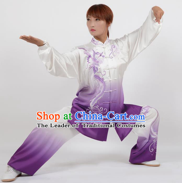 Top Kung Fu Costume Martial Arts Costume Kung Fu Training Purple Uniform, Gongfu Shaolin Wushu Embroidery Phoenix Tai Ji Clothing for Women