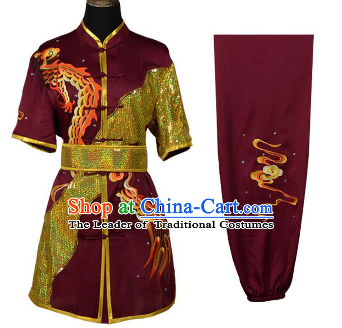 Top Kung Fu Costume Martial Arts Costume Kung Fu Training Dark Red Uniform, Gongfu Shaolin Wushu Embroidery Dragon Tai Ji Clothing for Women