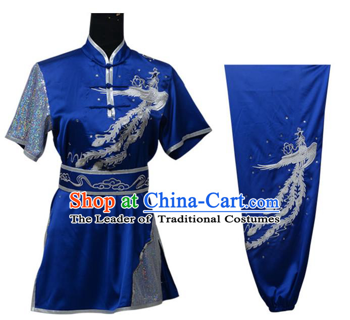 Top Kung Fu Costume Martial Arts Costume Kung Fu Training Plated Buttons Blue Uniform, Gongfu Shaolin Wushu Embroidery Phoenix Tai Ji Clothing for Women for Men