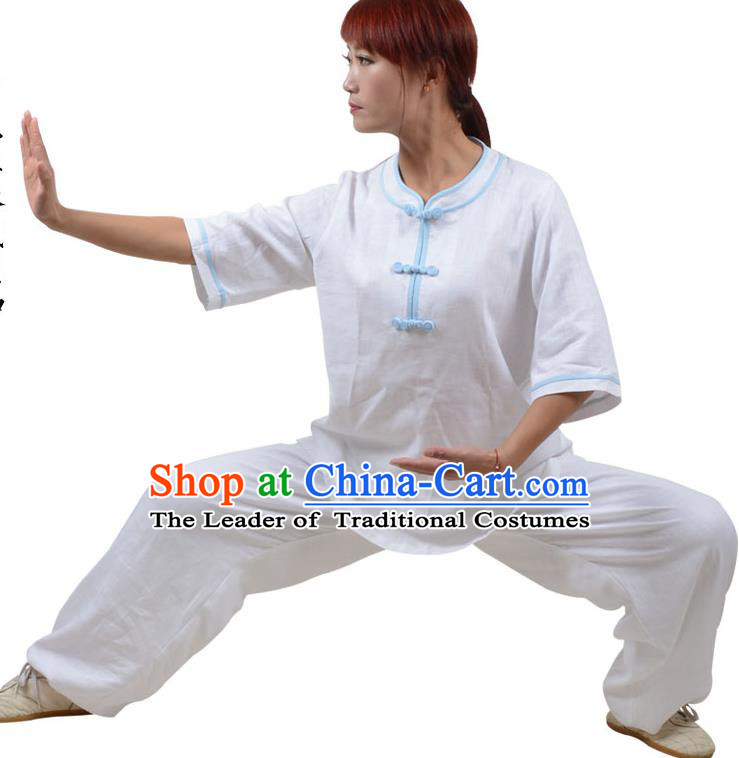 Top Kung Fu Linen Costume Martial Arts Costume Kung Fu Training Blue Plated Buttons White Uniform, Gongfu Shaolin Wushu Tai Ji Clothing for Women for Men