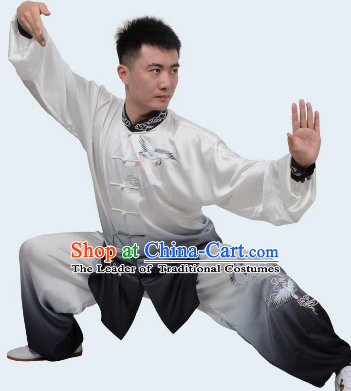 Top Kung Fu Costume Martial Arts Costume Kung Fu Training Gradient Black Uniform, Gongfu Shaolin Wushu Embroidery Crane Tai Ji Clothing for Women for Men