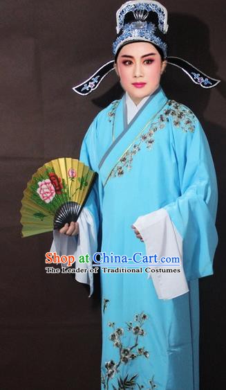 Traditional China Beijing Opera Niche Costume Blue Embroidered Robe, Chinese Peking Opera Scholar Embroidery Clothing
