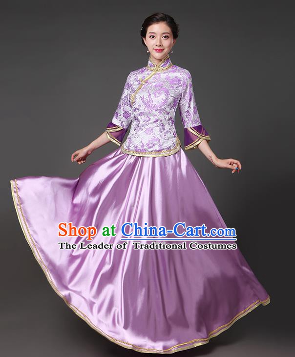 Traditional Chinese Republic of China Nobility Lady Clothing, China National Purple Cheongsam Blouse and Skirt for Women