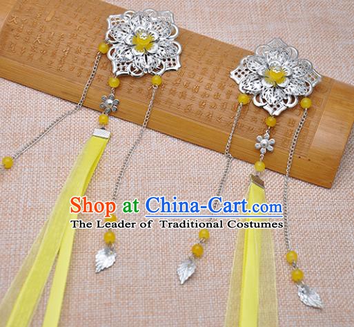 Traditional Chinese Handmade Hair Accessories Princess Hairpins Yellow Ribbon Hair Stick for Women