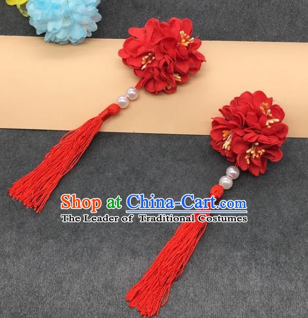 Traditional Chinese Handmade Hair Accessories Hairpins Hanfu Red Flowers Tassel Hair Claw for Kids