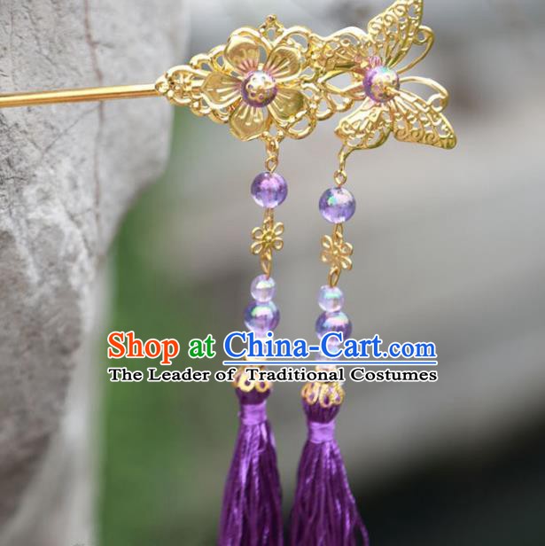 Traditional Chinese Handmade Hair Accessories Hairpins Hanfu Purple Tassel Step Shake for Kids