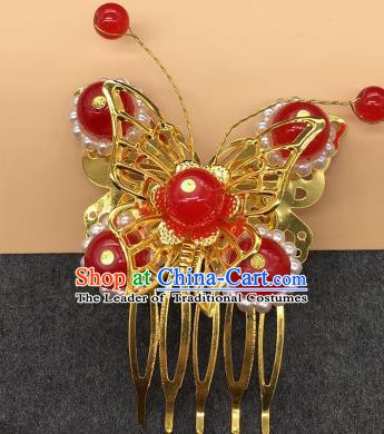 Traditional Chinese Handmade Hair Accessories Princess Hairpins Hanfu Red Beads Butterfly Hair Comb for Kids
