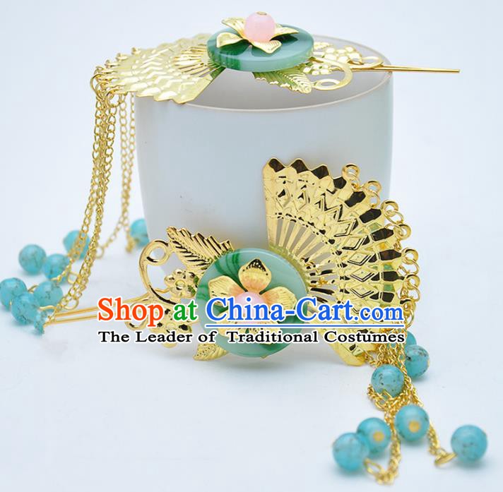 Traditional Handmade Chinese Ancient Classical Hair Accessories Blue Beads Tassel Step Shake Hairpins for Women