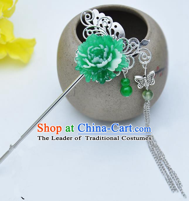 Traditional Handmade Chinese Ancient Classical Hair Accessories Green Flower Hairpins Tassel Step Shake for Kids
