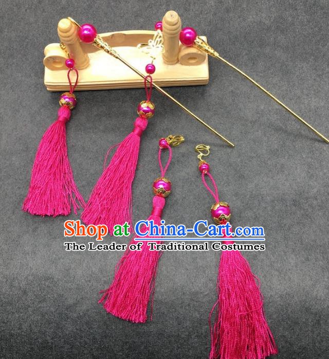 Traditional Handmade Chinese Ancient Classical Hair Accessories Hanfu Hairpins Rosy Tassel Step Shake for Kids