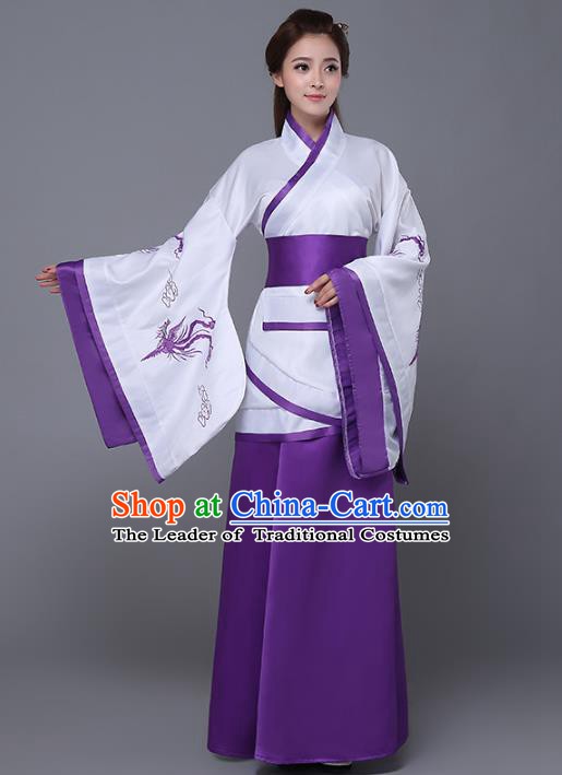 Traditional Chinese Han Dynasty Palace Lady Costume, China Ancient Princess Embroidered Hanfu Purple Curving-front Robe for Women
