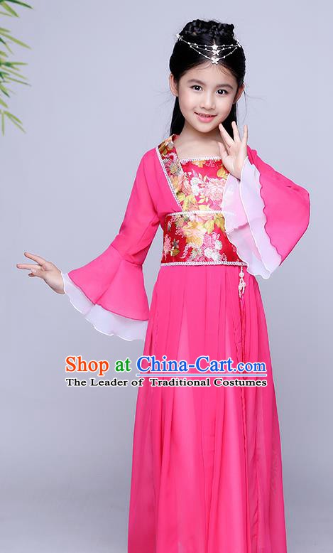 Traditional Chinese Tang Dynasty Seven Fairy Costume Ancient Princess Rosy Dress Clothing for Kids