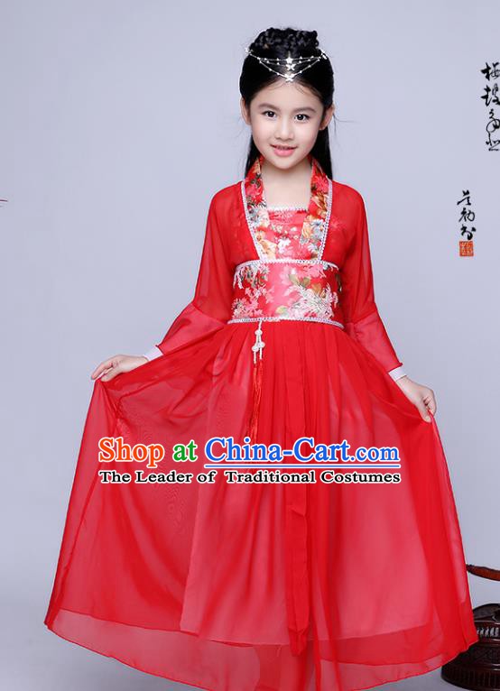 Traditional Chinese Tang Dynasty Seven Fairy Costume Ancient Princess Red Dress Clothing for Kids