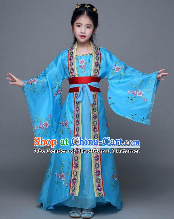 Traditional Chinese Ancient Imperial Consort Blue Costume, China Tang Dynasty Palace Princess Hanfu Embroidered Clothing for Kids