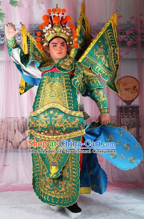 Chinese Beijing Opera General Costume Green Embroidered Armour, China Peking Opera Military Officer Embroidery Gwanbok Clothing
