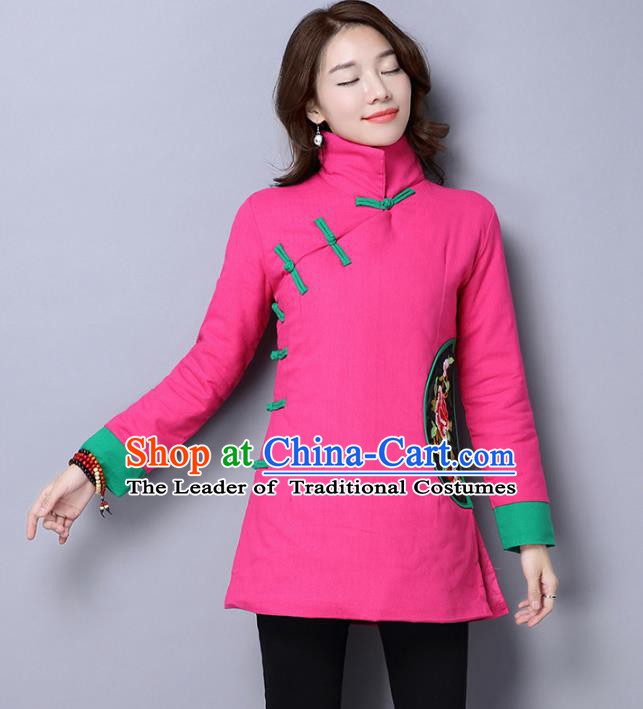 Traditional Chinese National Costume Hanfu Embroidered Peony Cotton-padded Jacket, China Tang Suit Pink Coat for Women