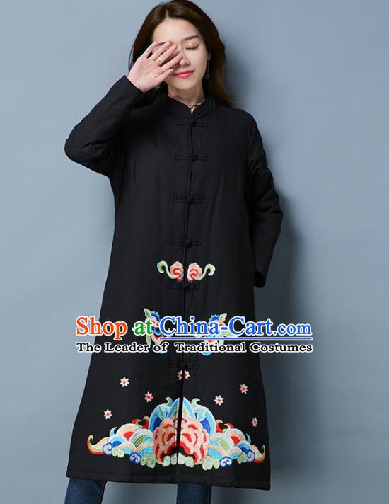 Traditional Chinese National Costume Hanfu Embroidered Coats, China Tang Suit Black Dust Coat for Women