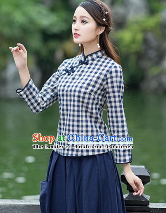 Traditional Chinese National Costume Hanfu Plated Buttons Navy Blouse, China Tang Suit Cheongsam Upper Outer Garment Shirt for Women