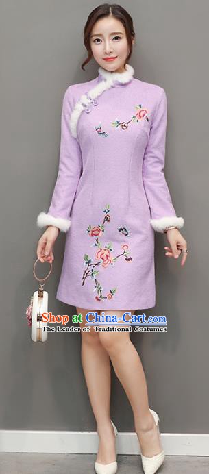 Traditional Chinese National Costume Hanfu Embroidered Butterfly Peony Purple Qipao Dress, China Tang Suit Cheongsam for Women