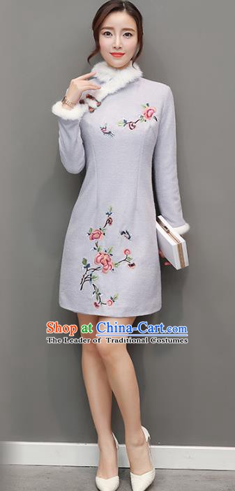 Traditional Chinese National Costume Hanfu Embroidered Butterfly Peony Grey Qipao Dress, China Tang Suit Cheongsam for Women