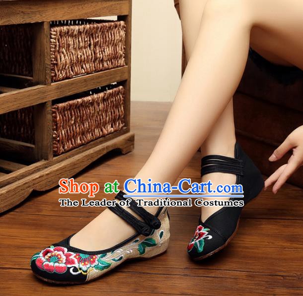 Asian Chinese National Black Embroidered Peony Shoes, Traditional China Princess Shoes Hanfu Embroidery Shoes for Women
