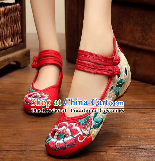 Asian Chinese National Red Embroidered Peony Shoes, Traditional China Princess Shoes Hanfu Embroidery Shoes for Women