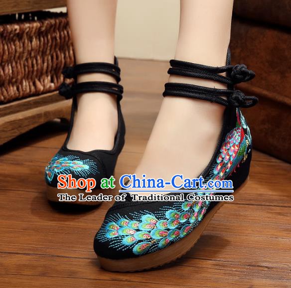 Asian Chinese National Black Embroidered Peacock Shoes, Traditional China Princess Shoes Hanfu Embroidery Shoes for Women